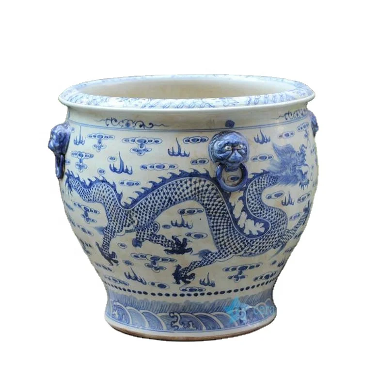 RZFH03-C Hand Paint Blue and White Flying Dragon Pattern Ceramic Large Garden Flower Planter