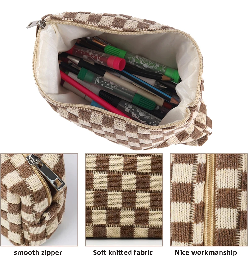 Popular Colors Checkered Board Makeup Bag Knitted Zipper Skincare Storage Bag Portable Large Capacity Cosmetic Bag for Makeup