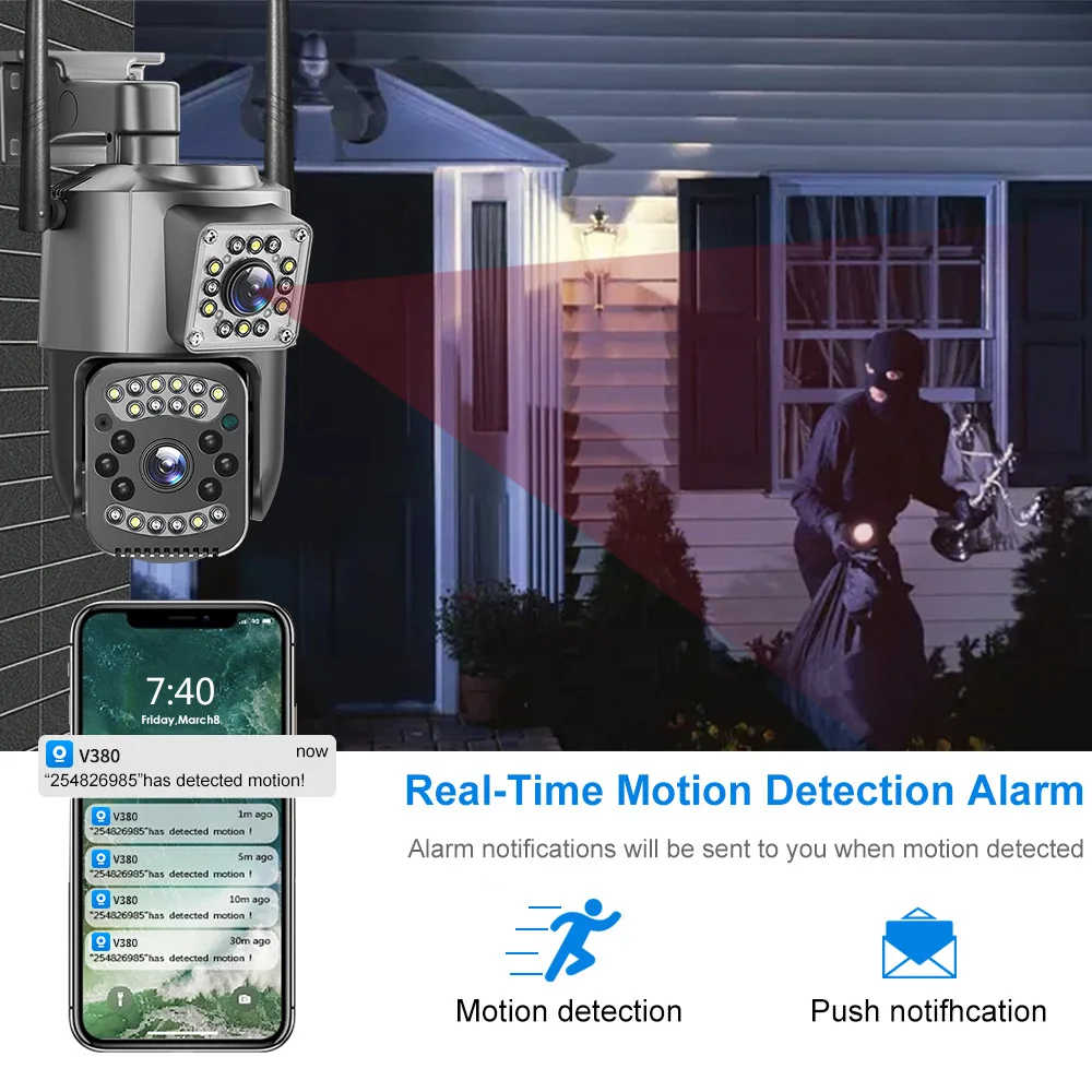 V380Pro Two Lens Ball 1080P HD Outdoor Waterproof WiFi Camera No Blind Spot Suitable Home Remote Monitor Audio Intercom 2Screens