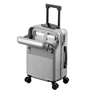 custom logo Front Opening 20inch Neoprene Vintage Style Luggage Suitcase Carry-on Trolley Case Multi-functional Travel Case USB Interface