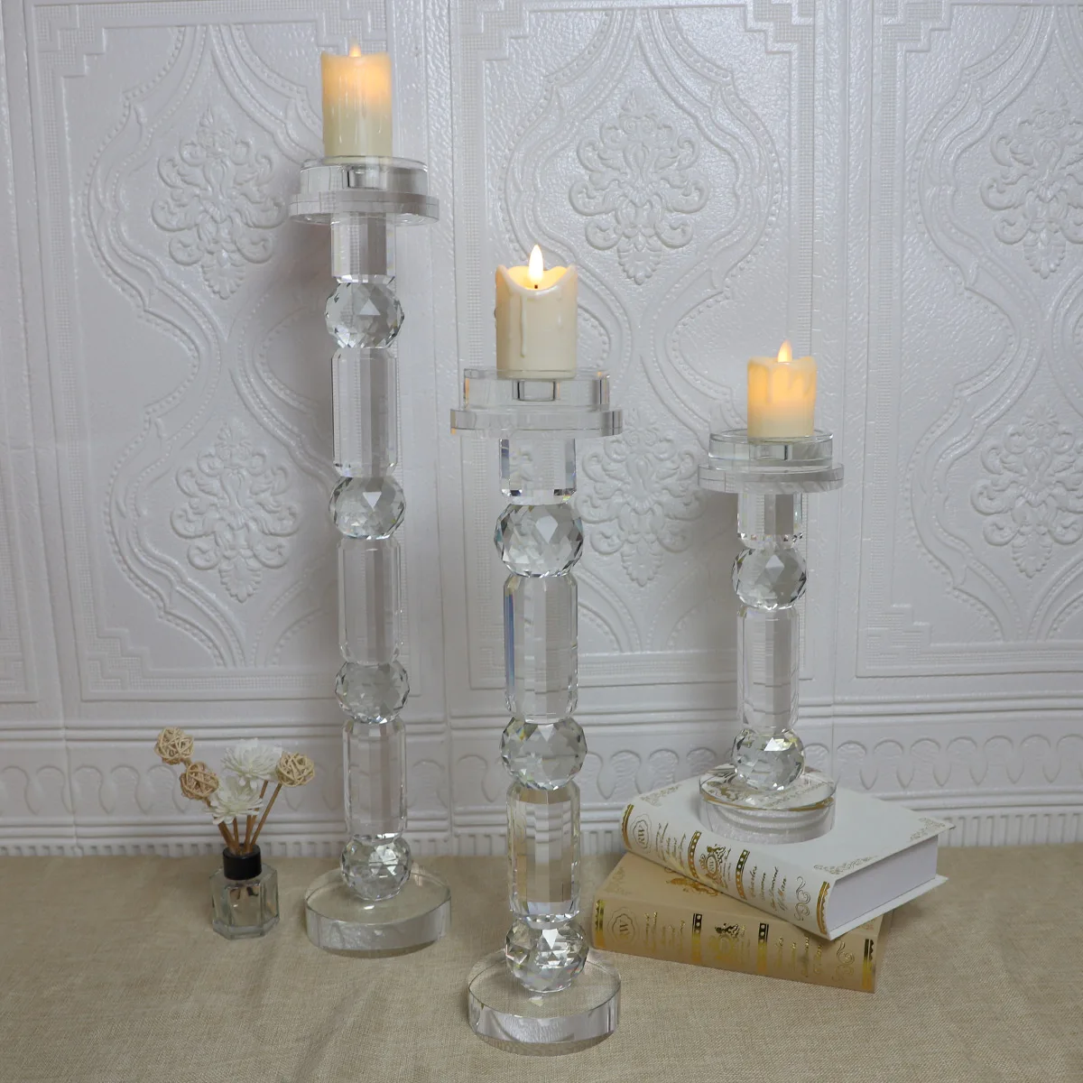 Luxury antique tall hand made glass candle crystal holder for home decoration