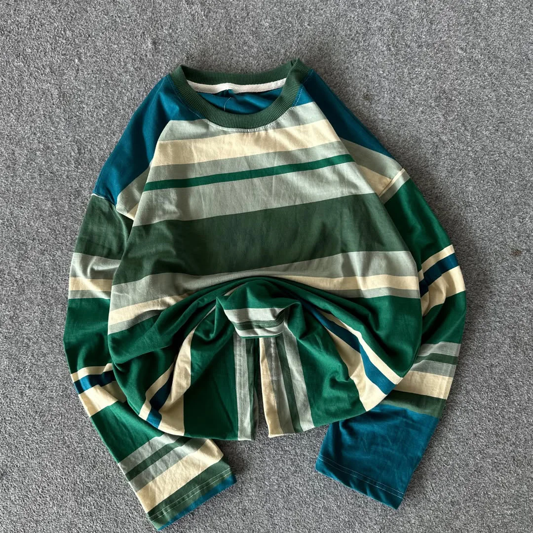 Nowy trend – męskie długorękawne topy w stylu vintage z kontrastowymi paskami i rękawami raglan, premium 100% bawełna, codzienna koszula długorękawna dla komunikacji miejskiej