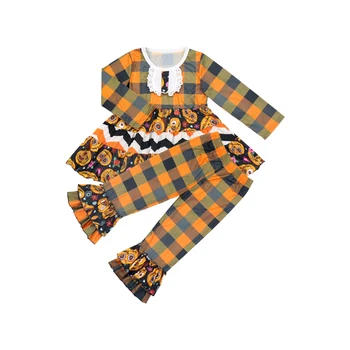 Orange and black plaid pattern kids girls halloween outfits ruffle baby clothes sets girl boutique 2 pcs girls set clothes