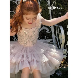 YOEHYAUL 25077 Summer Girls Sleeveless Princess Dress Summer Kids Pink Tulle Dress Bright Diamond Halter Dress for Toddlers