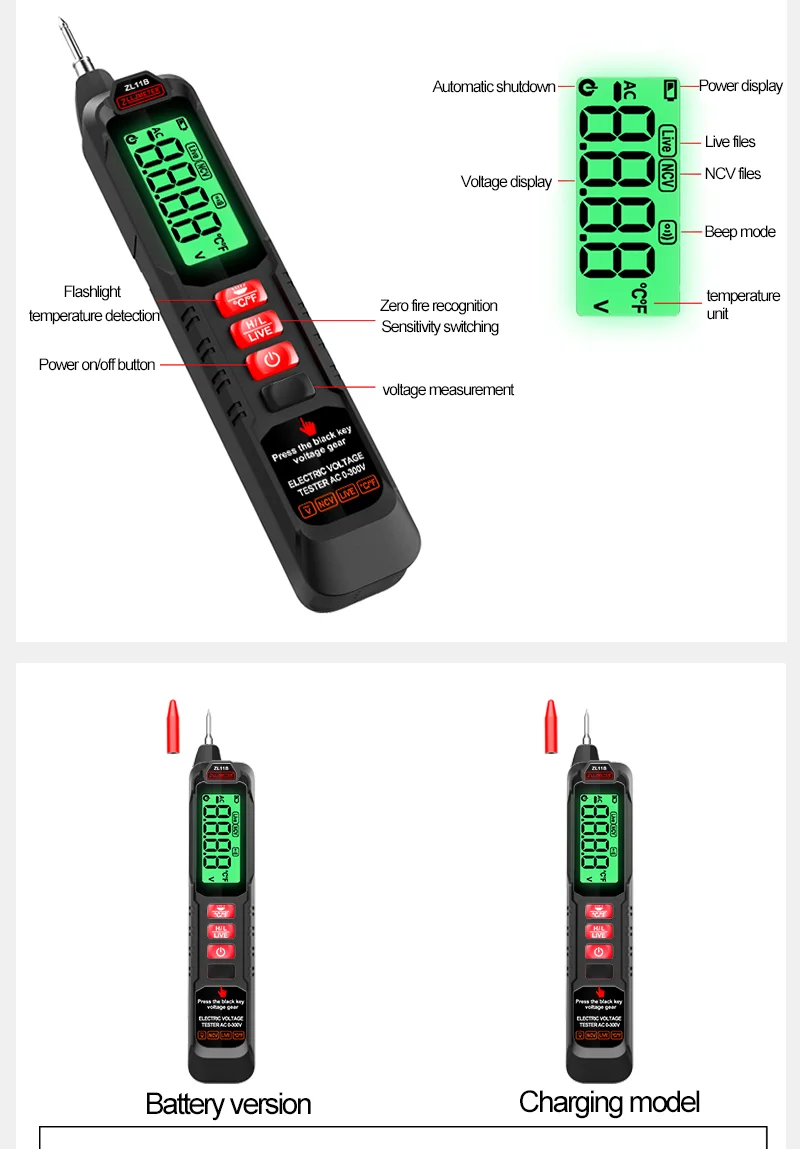 Smart Rechargeable AC 12-300V Non-Contact Voltage Tester Pen with 500mA Current Indicator and Backlight