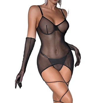 Hot Selling Women's Sexy Three-Piece Underwire Lingerie Set Mesh Backless See-Through Tie Rope With Gloves For Women