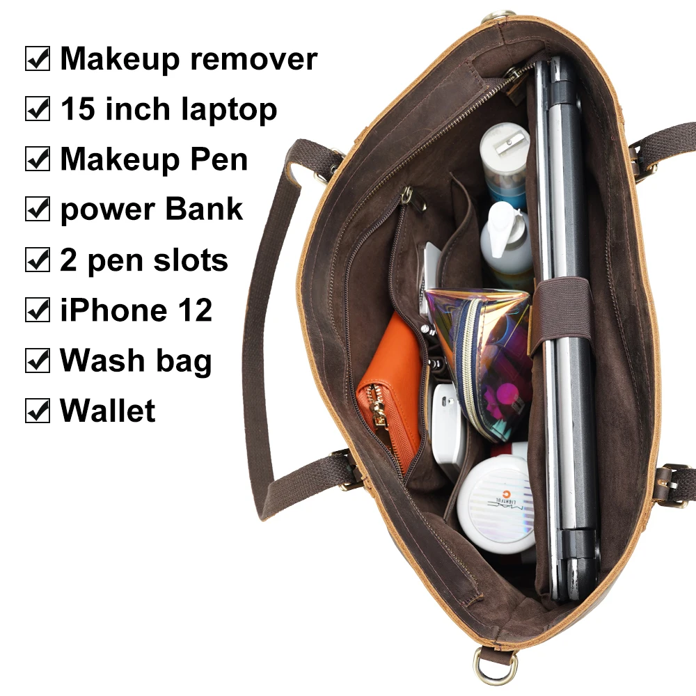Custom Logo Lady Brown Shoulder Bag Women Genuine Full Grain Leather Tote Bag for Daily Retro Crazy Horse Leather Handbag