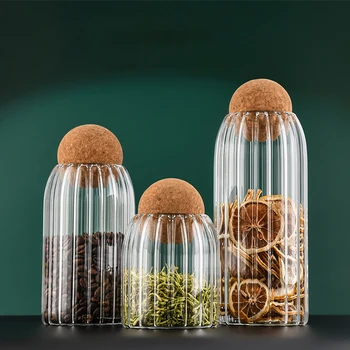 56H Wholesale Glass Striped Storage Jar Flower Tea Coffee Bean Jar with Lid Glass Bottle Storage Jar