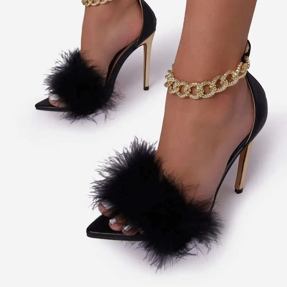 Buy Richealnana Women's Fluffy Feather Stiletto Heel Ankle Strap Sandals,  Black, 13 at Amazon.in