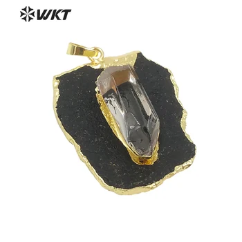 WT-P1284 WKT wholesale new fashion free form stone 18k real gold plated smokey quartz charm black tourmaline pendant