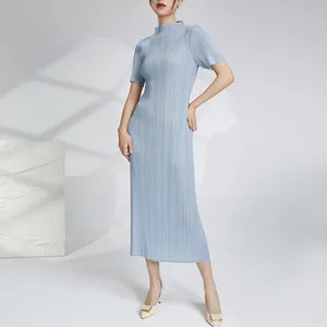 Miyake Pleated Casual Style Dress Woman Summer Half-high Collar Solid Color Short-sleeved Elegant Straight Long Dress