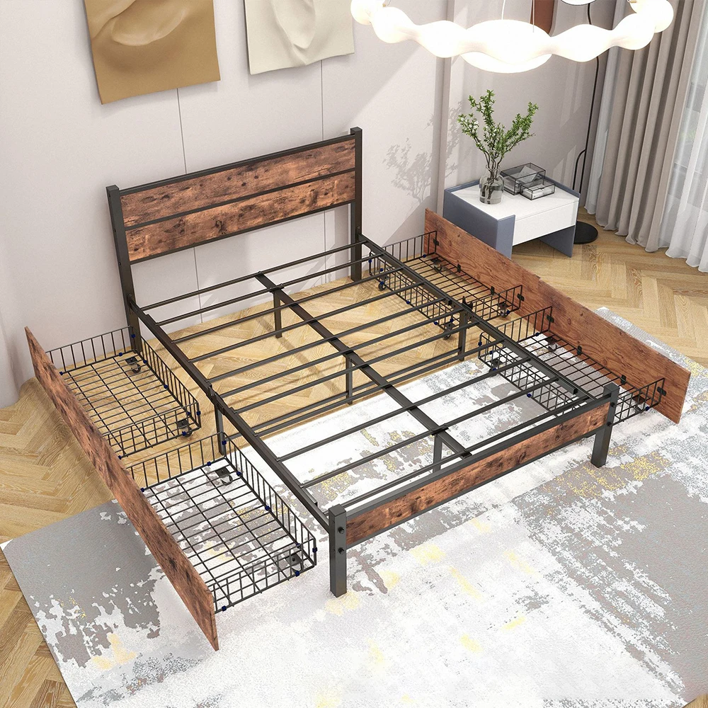 Metal Beds With 4 Storage Drawers And Trundle Queen Black Queen Metal