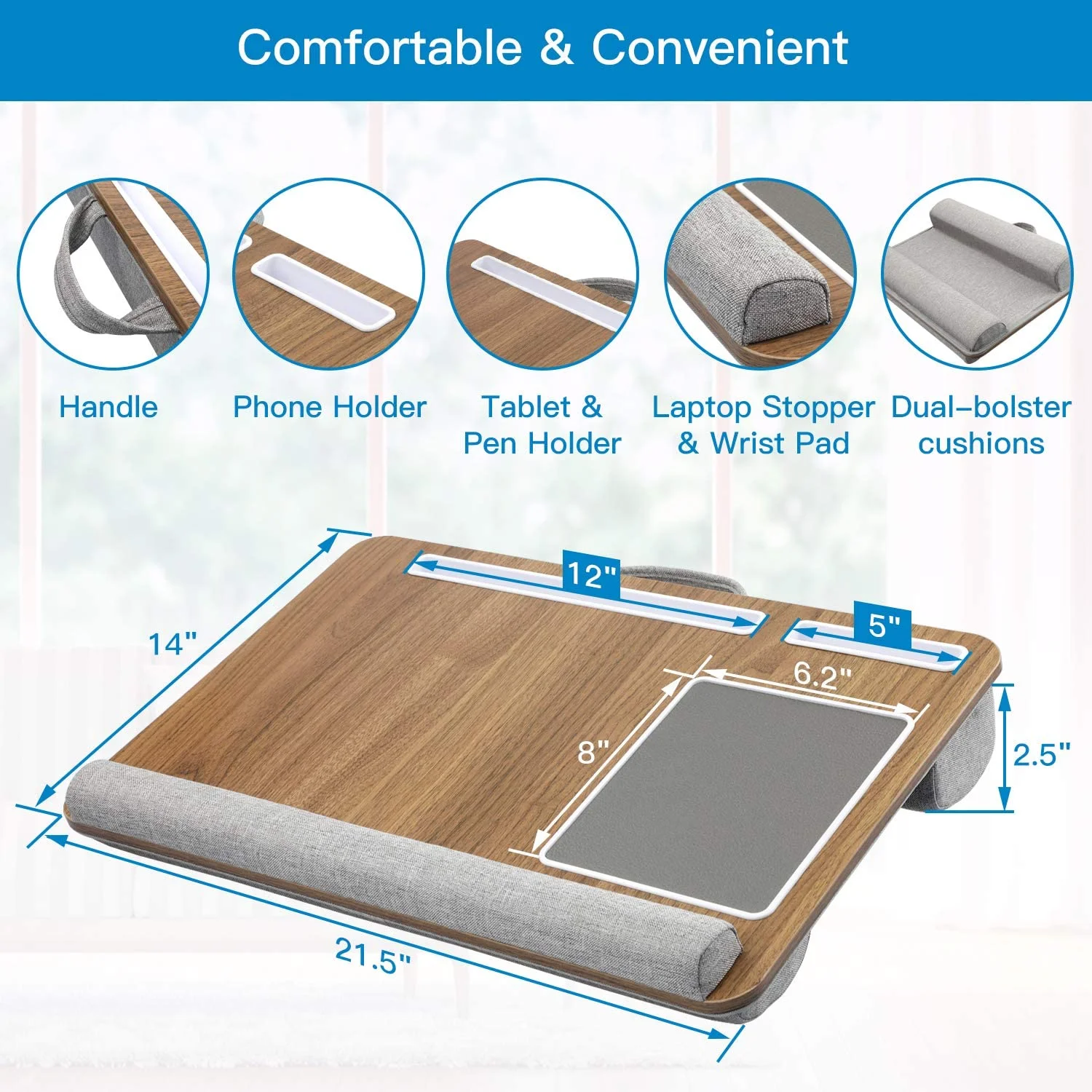 Portable Wooden Laptop Table Bed Tray With Mouse Pad Soft Pillow