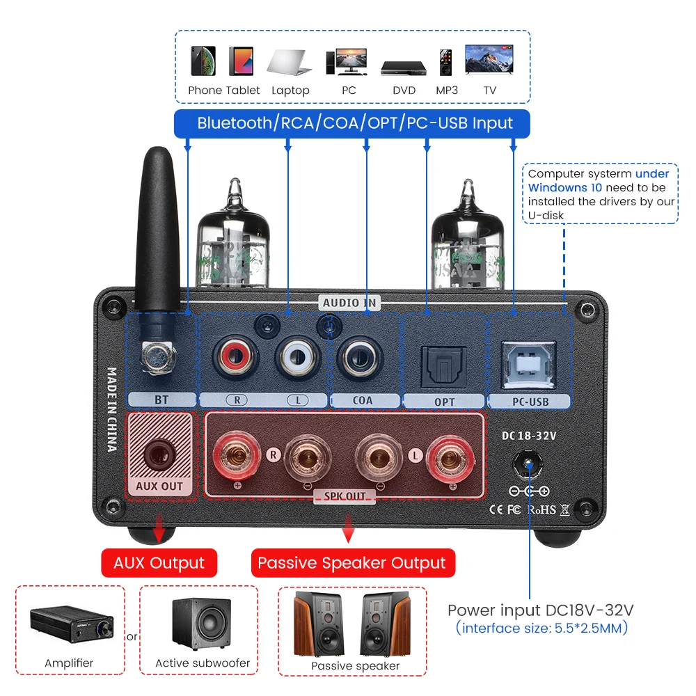 AIYIMA T9 PRO HiFi BT真空管アンプ ステレオパワーアンプ USB DAC