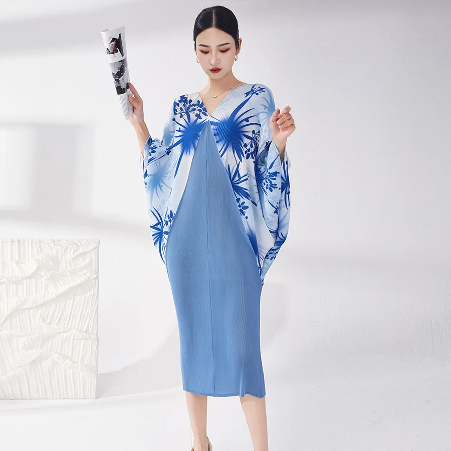 Miyake Bat Sleeve Plus Size Dress Women's High-end Pleated Loose Casual  Dresses Women's Clothing Factory Spot Wholesale