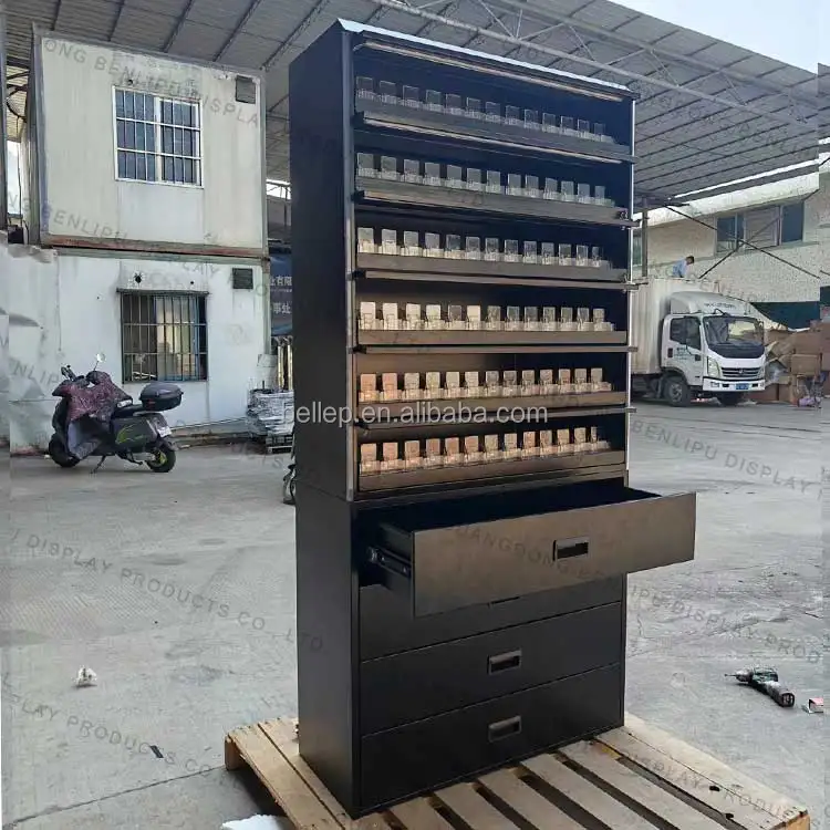 Custom Lockable Metal Security Anti Theft Cigarette Cabinet Floor Stand  Cigarette Pack Pusher Display Rack With Led Light