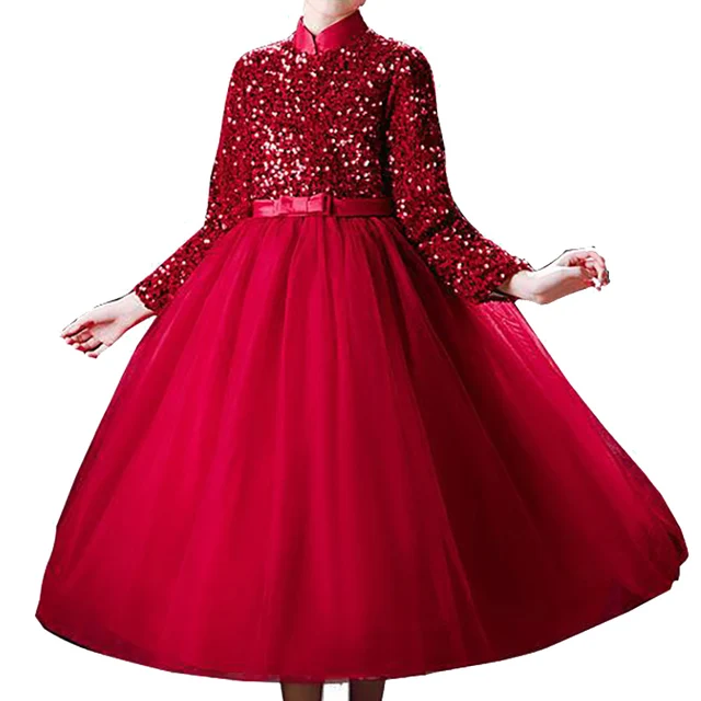 New Arrive Kids Sequined Dress Long sleeved Tulle Princess Skirt girls party dresses For Birthday Banquet