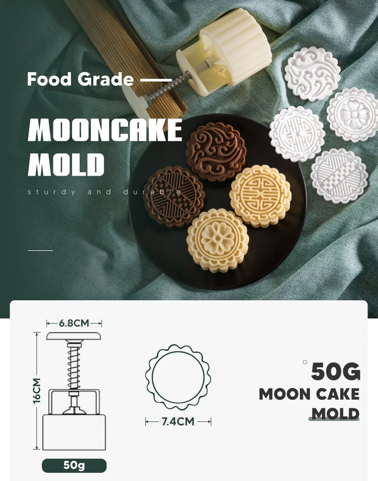Moon Press Mold Mooncake Mold Press With 5 Stamps Flower Triangular Shape Decoration Tools For Baking DIY Cookie MYDING,White, 