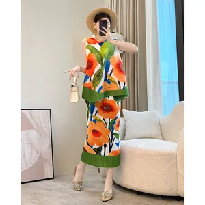 2026 Summer New Pleated Skirt Set for Women Casual French Printed Chiffon Dyed Garment Lazy Wind Two-Piece for Plus Size MM
