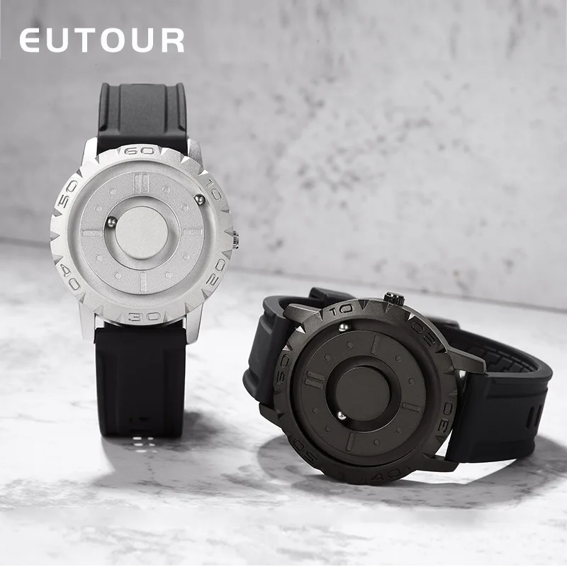2025 New Arrival EUTOUR 030 Black Magnetic Dial Fashion Casual Mens Quartz Watches Simple Waterproof Silicone Strap Men Watch