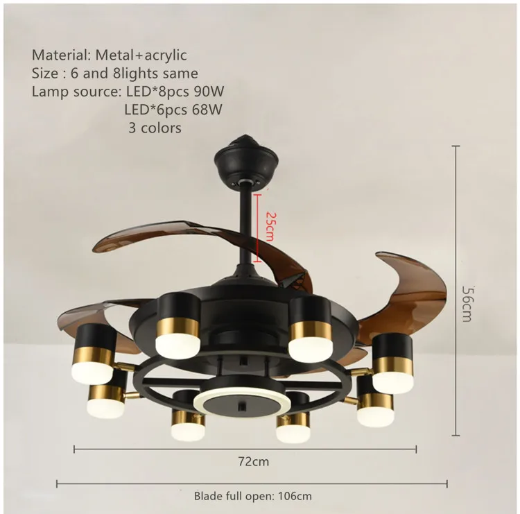 High Quality Modern invisible ABS blade ceiling fan chandelier lighting remote control pendant lamp with led light