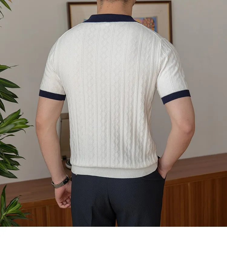 Summer breathable color matching fashion men's Polo shirt V lapel elastic jacquard texture slim short sleeve knitting