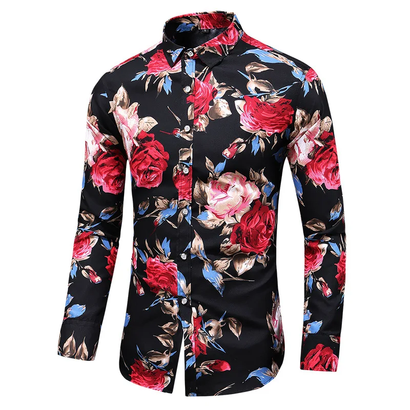 European size men's fashion printing long-sleeved shirt plus size men's rose casual shirt fashion shirts