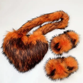 Fluffy Slippers Cute Raccoon Color Trending Indoor Outdoor Slides Women Fur Slides Heart Plush Shell Handbag Sets