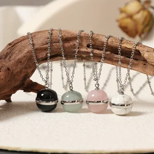 Fashionable Retro Gold Plated Agate Stainless Steel Necklace with Natural Stone Ball Pendant and Link Chain Gift Jewelry