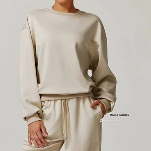 Women's Clothes Custom Logo 2-Piece Long Sleeve Crew Neck Sweatshirts Set Solid Color Crop Top Hoodie with Tracksuits for Women