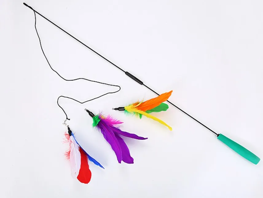 Выдвижной игрушечный тизер для кошек с 3 альтернативными кожаными цветными перьями, игрушки для кошек