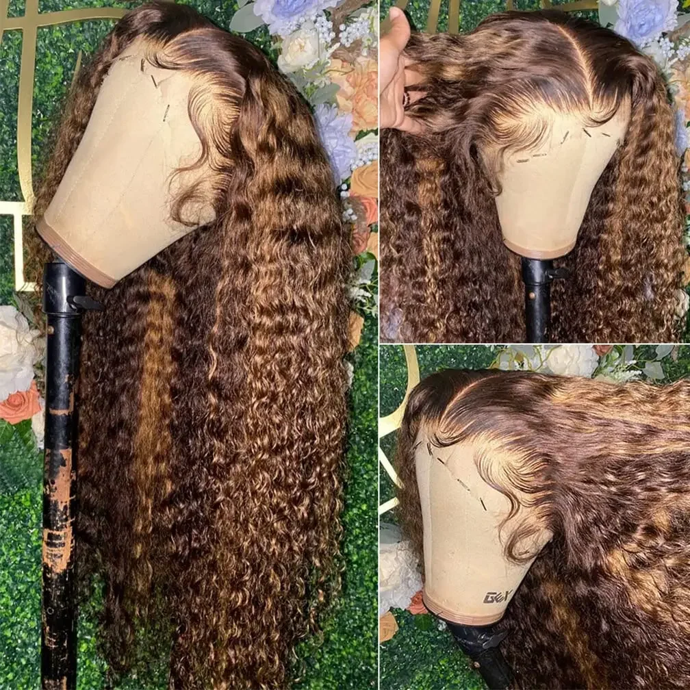 Parrucca frontale in pizzo con onde d'acqua biondo miele, capelli umani, 30 pollici, onda profonda sciolta frontale_voghion.com