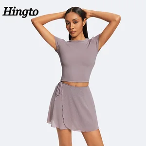 2026 Custom Women's Backless Strap High Neck Short Sleeved T-Shirt and Detachable Mesh Petal Skirt Two Piece Sets Tennis Suit