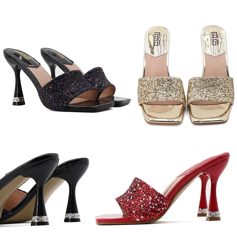 Woman Shinny Beauty Square Toe Bridal Slipper Summer High Heel Slippers