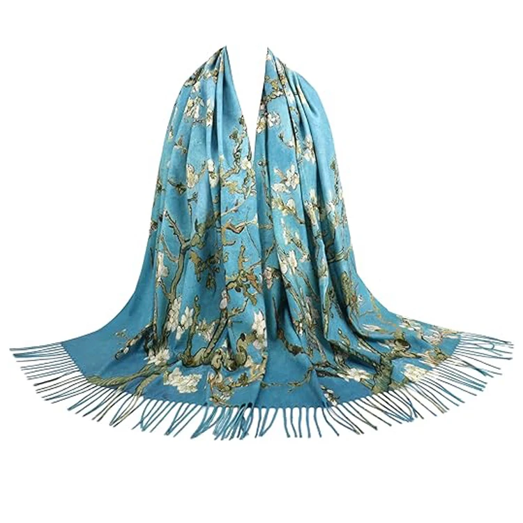 Reversible Winter Pashmina Scarf-Double-Sided Cashmere Feel Shawl Wrap Monet Van Gogh Art Printing Durable Windproof Women's