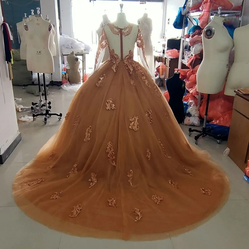 Custom Made Size/Color Designer Lace Applique Bridal Wedding Gowns Long Sleeve Ball Gown Quinceanera Dresses