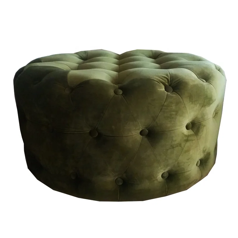 Custom Wholesale Grey Velvet Pouffe Stool Indoor Morocco Round Ottoman Footstoool Poufs With Button