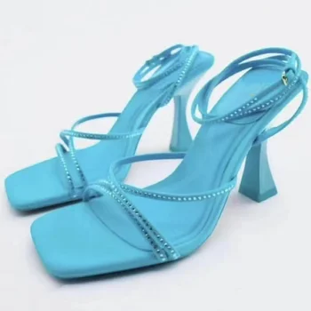 ZA sandals fancy bule sandals lace up heel Ladies Party High Heel Shoes chic rhinestone strap summer shoes