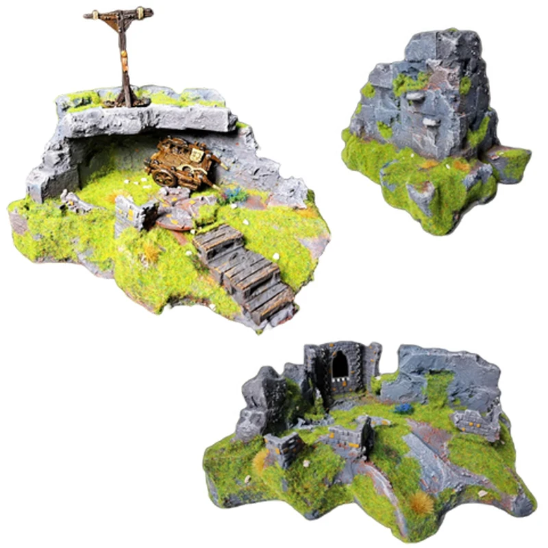 Scène miniature personnalisée pour jeux de société et jeux de guerre en 3D imprimée sur mesure : ruines anciennes, village envahi par la végétation, terrain en résine