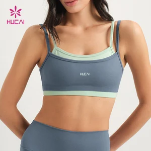 HUCAI Custom Logo Polyester Spandex High Quality Scoop Neck Thin Strap Layered Double Layer Yoga Top Sports Bra