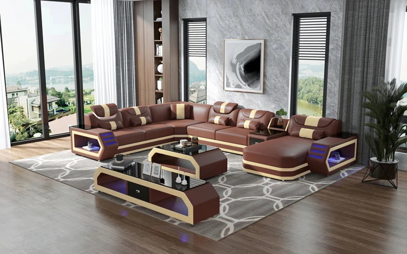 Современный белый кожаный секционный диван, набор мебели, журнальный столик, подставка для телевизора, диван, мебель для гостиной со светодиодной подсветкой
