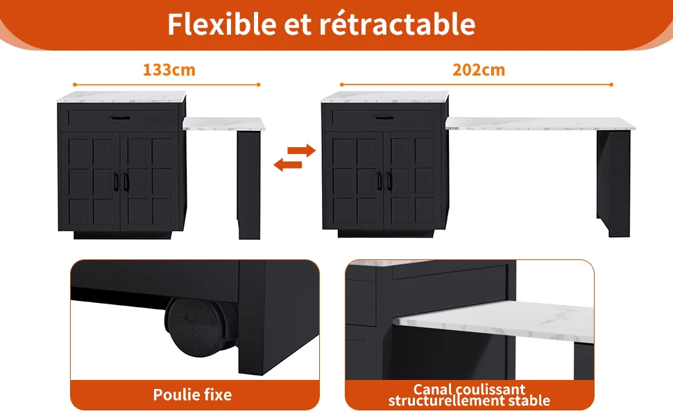 Table de bar avec glissières solides et roulettes fixes