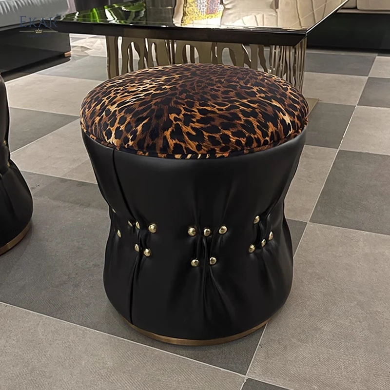 product luxurious gold brushed metallic finish drum stool contemporary accent seating pouf-61