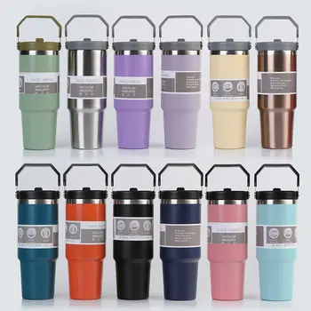 Hot Sale Custom Logo Stainless Steel Vacuum Flasks Tumbler Vacuum Thermos 30oz Coffee Cup With Handle Double-wall Lids