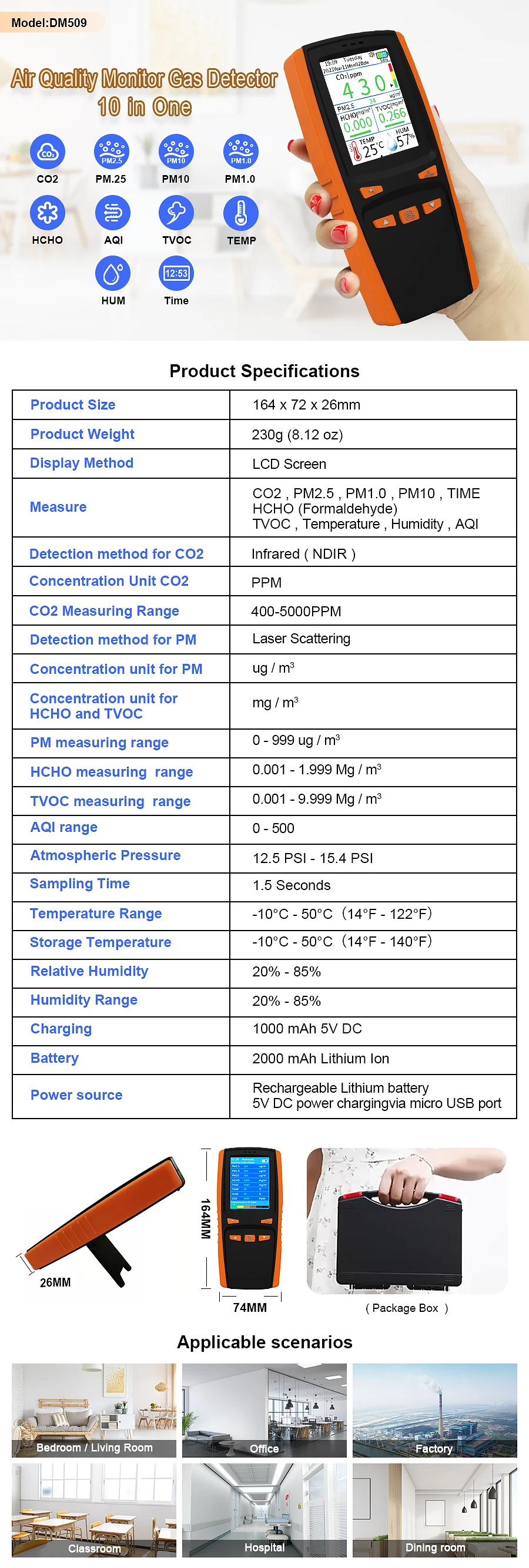 Portable Detector Gas Co2 Meter Dm509 Air Quality Monitoring System Pm2 ...