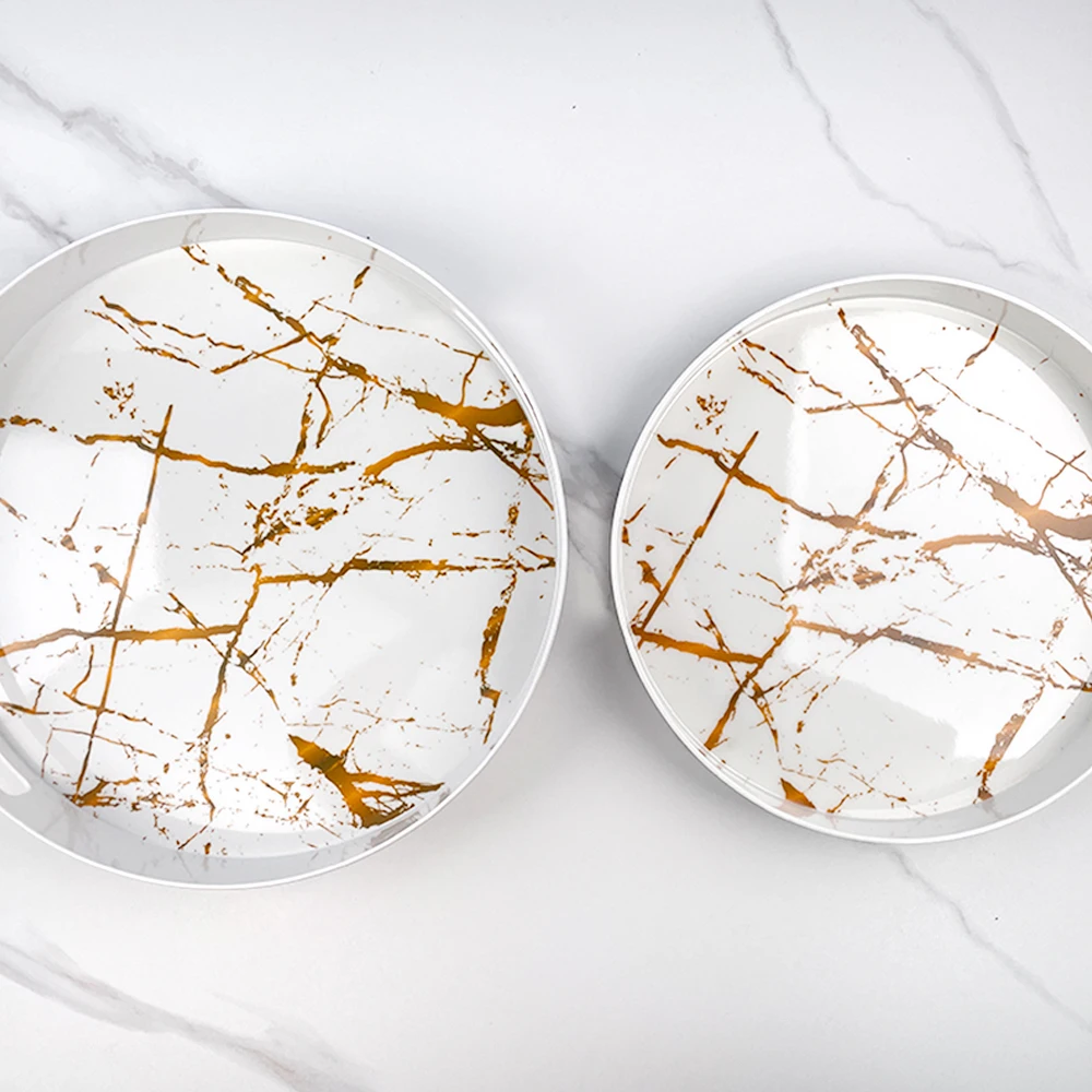 New Arrival Custom Seamless Marble Design White Gold Stamping Restaurant Unbreakable Bulk Nordic Melamine Tray