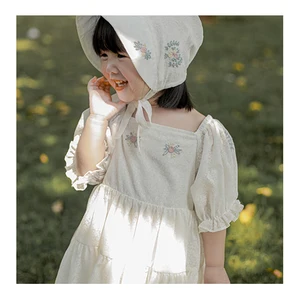 Custom 100% Cotton Kids White Puff Sleeve Smock Dress With Hat Flower Embroidery Toddler Children Girls Clothing Princess Dress