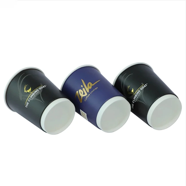 Custom Gold Foil Stamping Logo Black Double Wall Paper Cup with Lids Recyclable Hot Coffee Cups with Pe Coating for Beverages