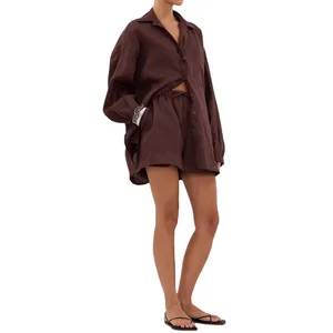 Custom High Quality  Summer Autumn Knitting V-neck Casual Private Label Long Sleeve Shirt Shorts Set for Women