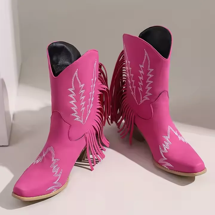 Big Size Western Ankle Boots Square Toe Pu Leather 6cm Heel Women Cowboy Boots With Fringe - Image 5